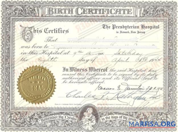 Downloadable United States The Presbyterian hospital birth certificate sample